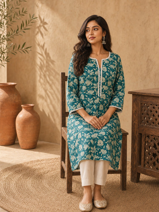 Classic Teal Floral Printed Cotton Kurta with Lace Detailed Neckline & Sleeves