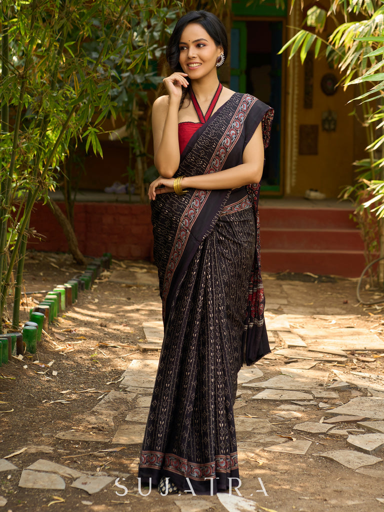 Midnight Elegance : Black Ajrakh Hand Block Printed Pure Modal Silk Saree