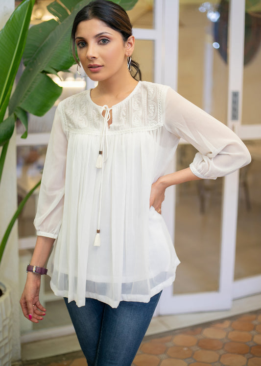 Smart Georgette Top with Lace Yoke, Sleeves & Inner