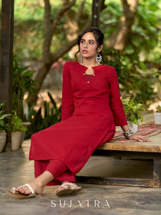 Deep Maroon Cotton Kurta with Subtle Front Button Detail
