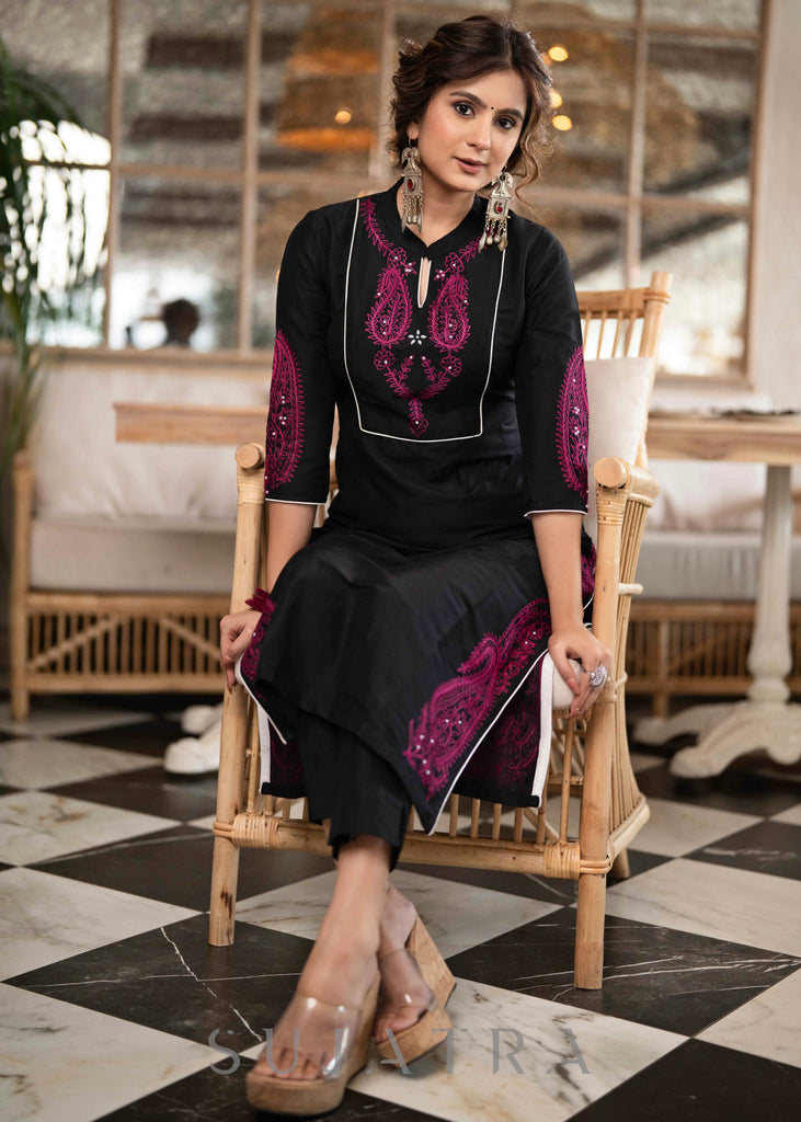 Elegant Black Cotton Silk Kurta With Magenta Embroidery All Over -  Pant Optional