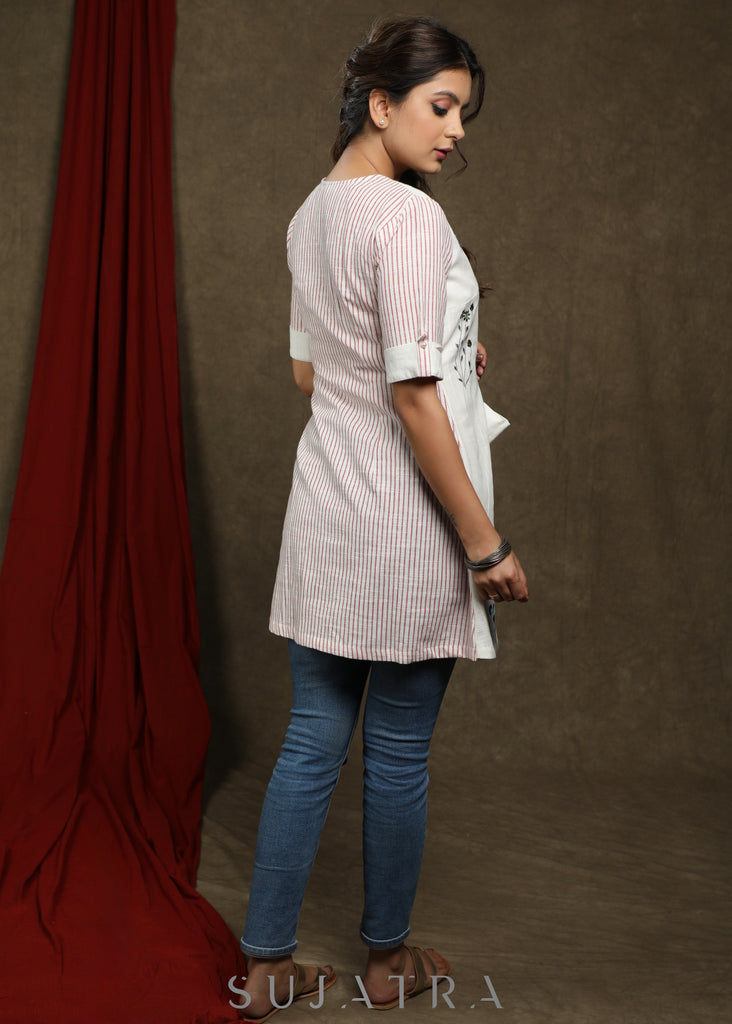 Dressy White striped attached jacket style tunic with floral embroidery