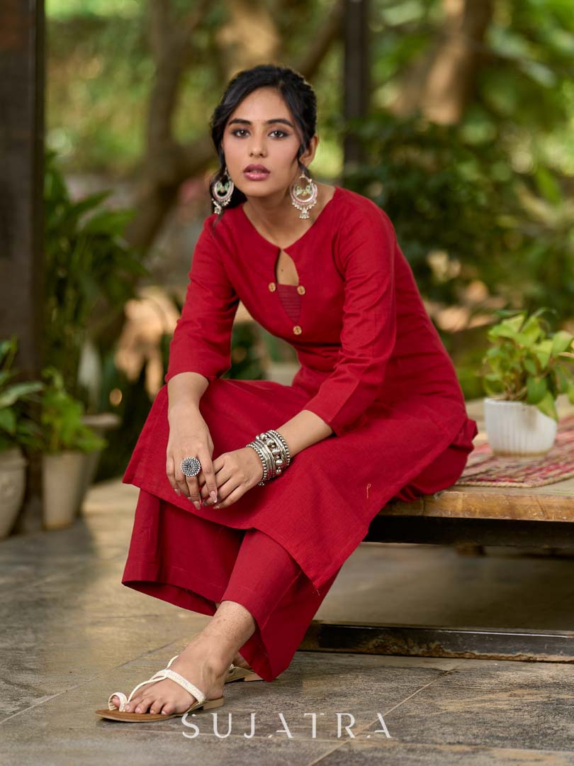 Maroon Cotton Kurta with Asymmetrical Pleated Neckline and Button Embellishment