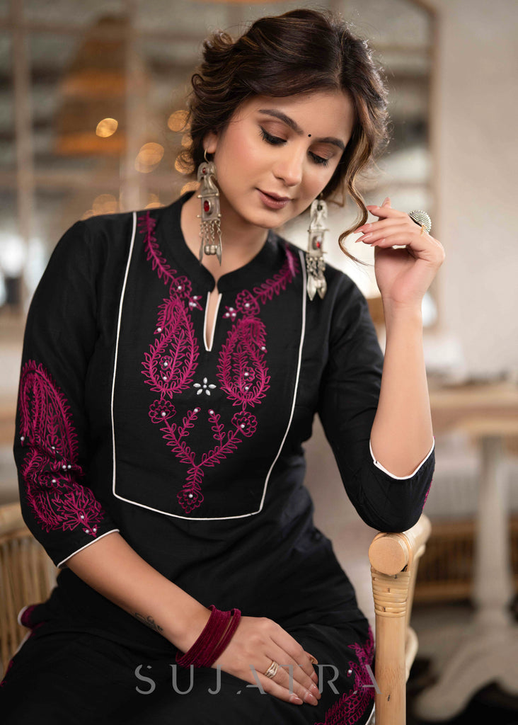 Elegant Black Cotton Silk Kurta With Magenta Embroidery All Over -  Pant Optional