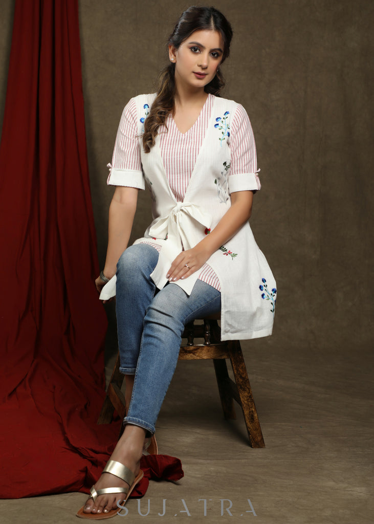 Dressy White striped attached jacket style tunic with floral embroidery