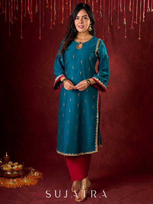 Radiant Teal Silk Kurta with Golden Self-Butta Design
