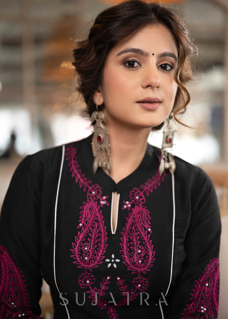Elegant Black Cotton Silk Kurta With Magenta Embroidery All Over -  Pant Optional