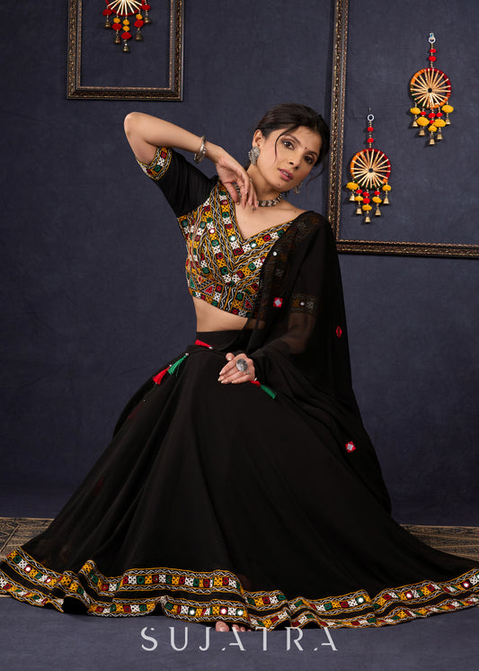 Traditional Black Kutch Work Lehenga With Matching Blouse & Dupatta . - Lehenga + Blouse + Dupatta Set