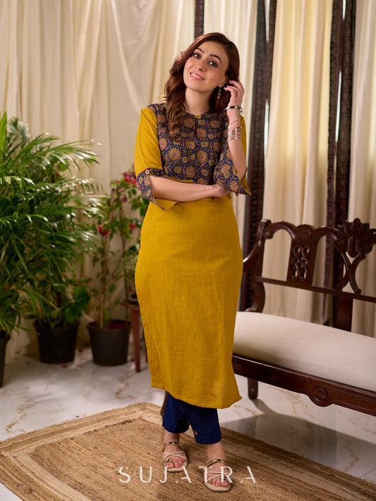 Bright Mustard Cotton Straight Kurta with Dark Blue Floral Yoke Detail