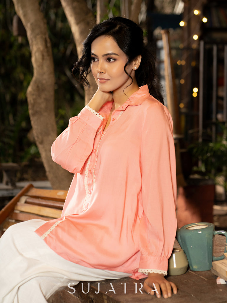 Elegant Light Peach Modal Shirt with High-Low Hem & Intricate Crochet Lace