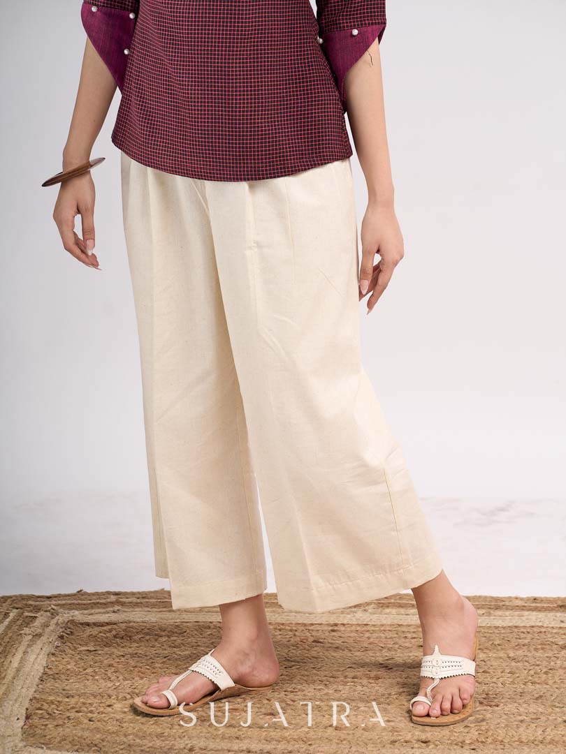 Off White Cotton Flex Pleated Pant