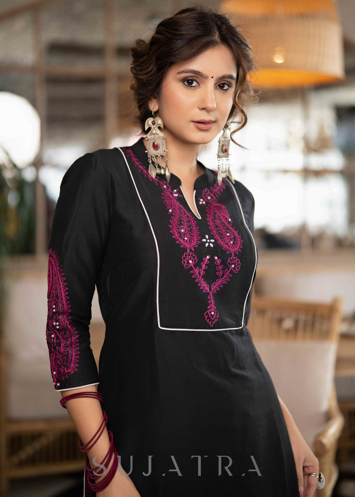 Elegant Black Cotton Silk Kurta With Magenta Embroidery All Over -  Pant Optional