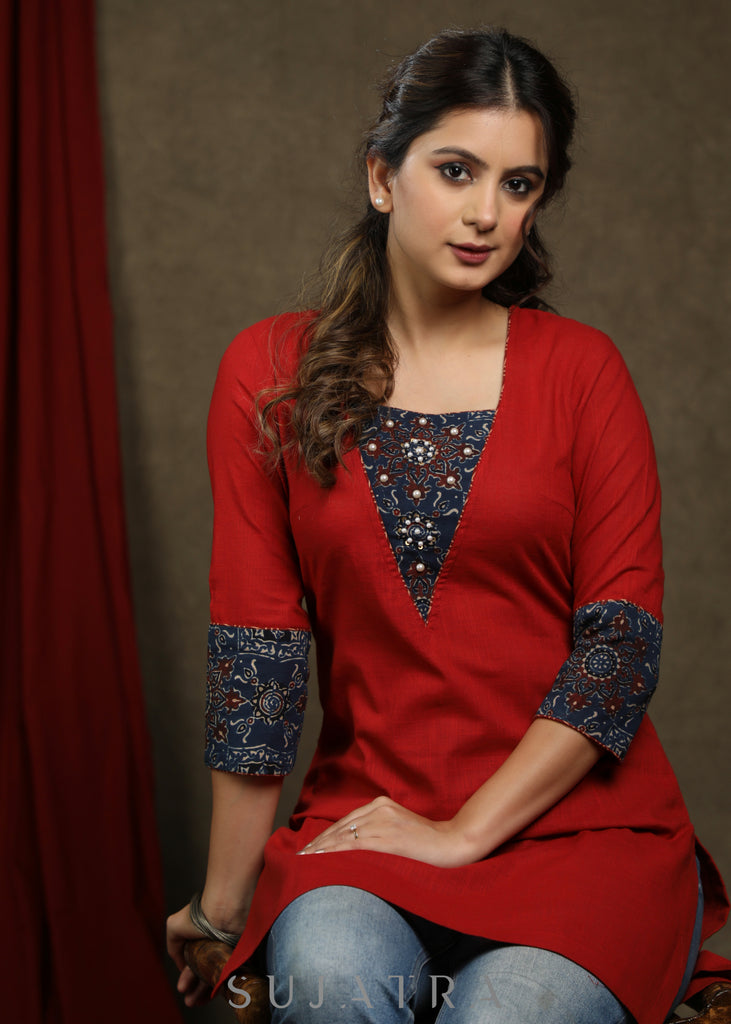 Elegant maroon cotton tunic with ajrakh combination highlighted with beautiful pearls