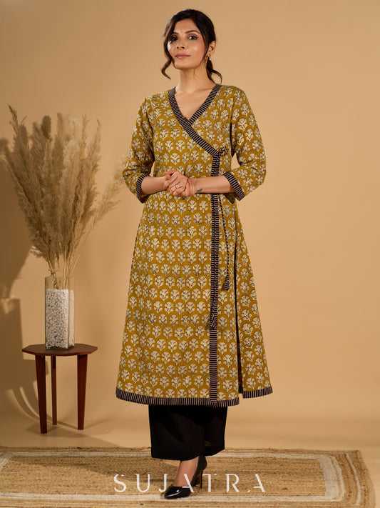 Olive Bloom Mul Cotton Angrakha Style Kurta with Black Contrast Border