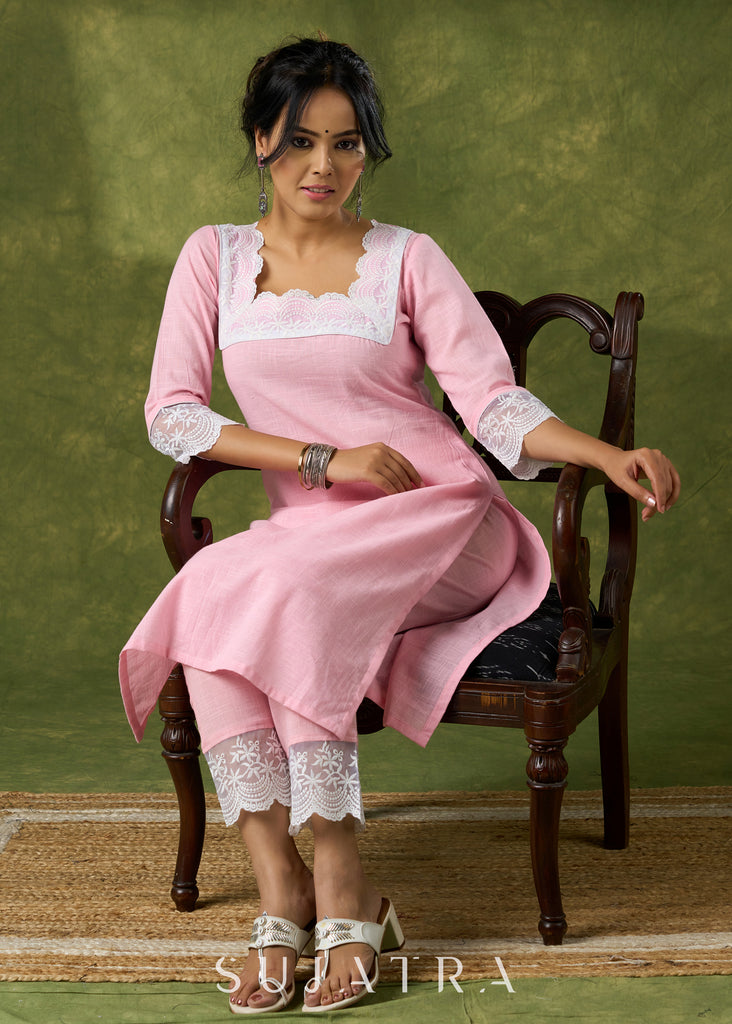 Subtle Baby Pink Cotton Kurta Embellished With Laces - Pant Optional