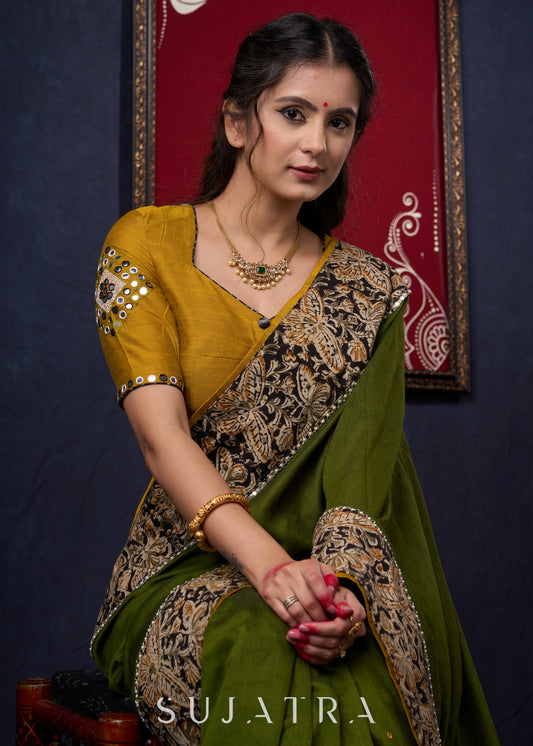 Regal Moss Green Cotton Saree with Kalamkari Border Highlighted with Abla work & Zari