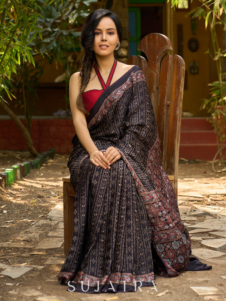 Midnight Elegance : Black Ajrakh Hand Block Printed Pure Modal Silk Saree