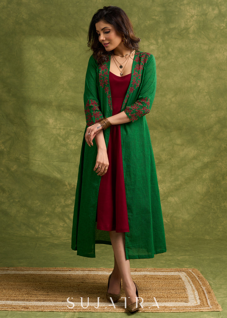 Hand Crafted Emerald Green Cotton Shrug With Vibrant Maroon Applique Accents Dress Optional