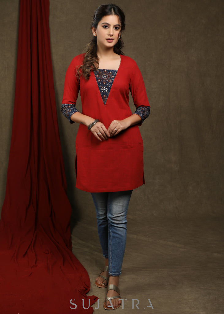 Elegant maroon cotton tunic with ajrakh combination highlighted with beautiful pearls