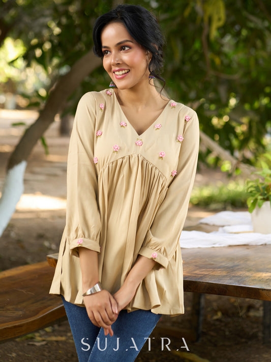 Blissful Beige Cotton Rayon Peplum Top with Ethereal Gathers & Exquisite Hand Embroidered Florals