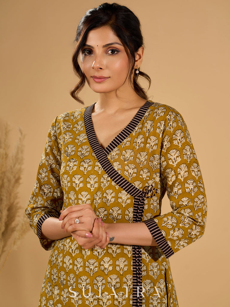 Olive Bloom Mul Cotton Angrakha Style Kurta with Black Contrast Border