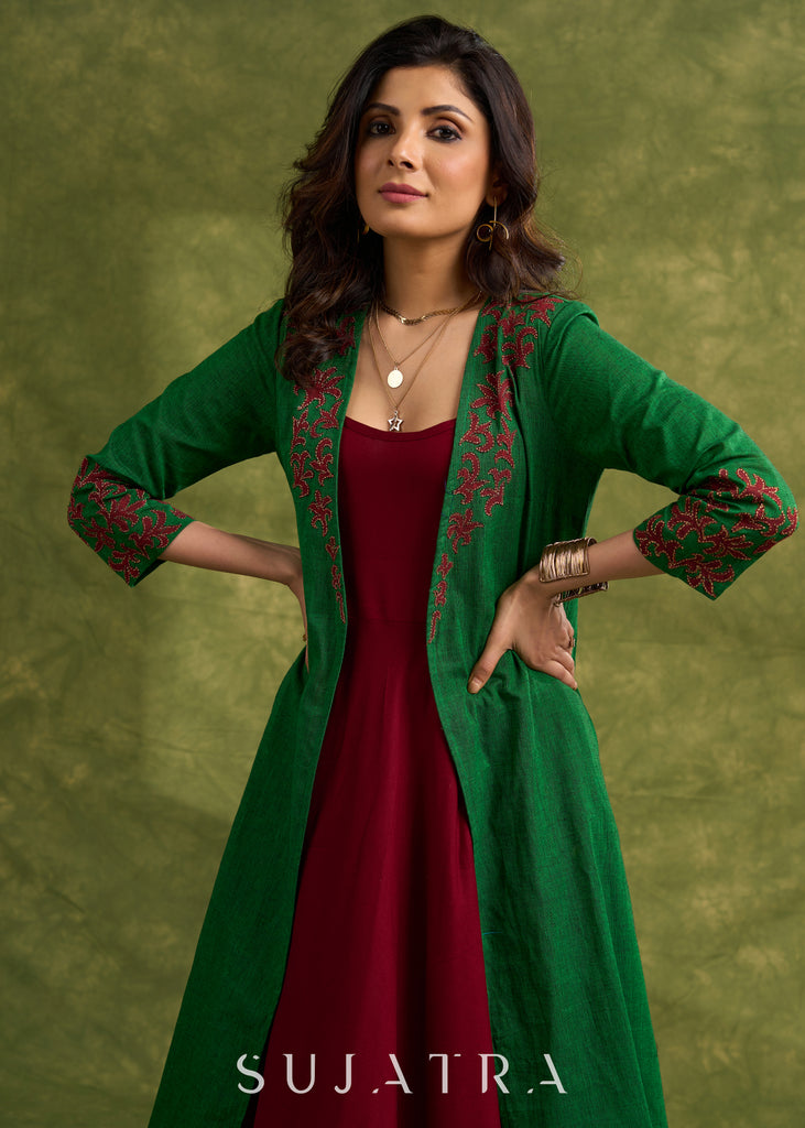 Hand Crafted Emerald Green Cotton Shrug With Vibrant Maroon Applique Accents Dress Optional
