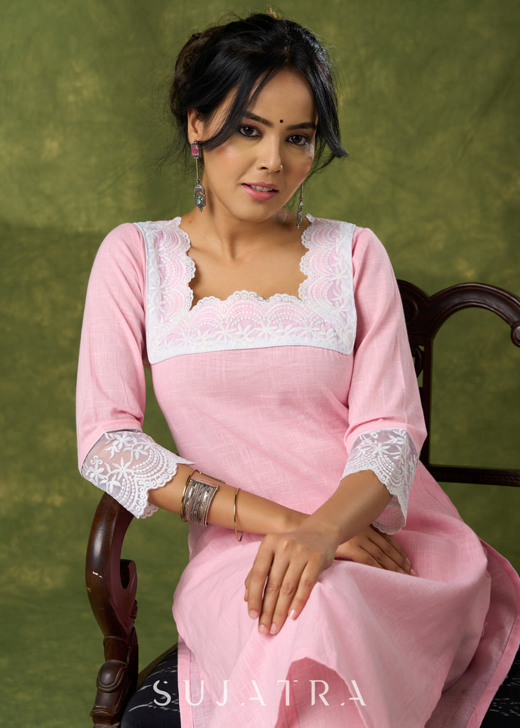 Subtle Baby Pink Cotton Kurta Embellished With Laces - Pant Optional