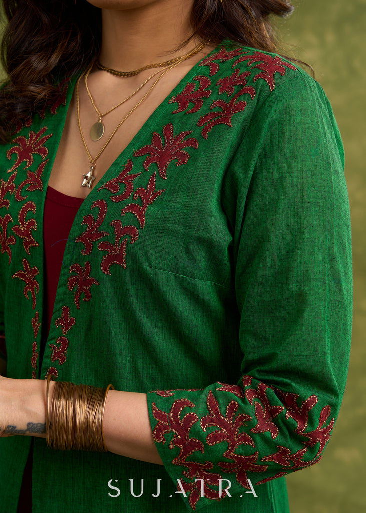 Hand Crafted Emerald Green Cotton Shrug With Vibrant Maroon Applique Accents Dress Optional