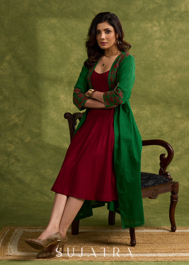 Hand Crafted Emerald Green Cotton Shrug With Vibrant Maroon Applique Accents Dress Optional