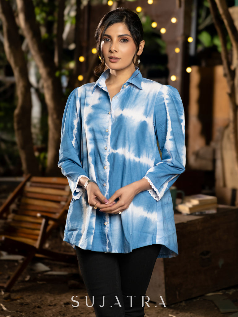 Hand Tie-Dyed Cotton Shibori Shirt in Blue with Statement Puffy Sleeves