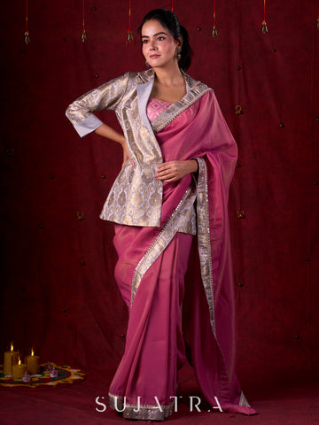 Blush Pink Tissue Saree with Grey Brocade Border & Mirror Lace Detailing