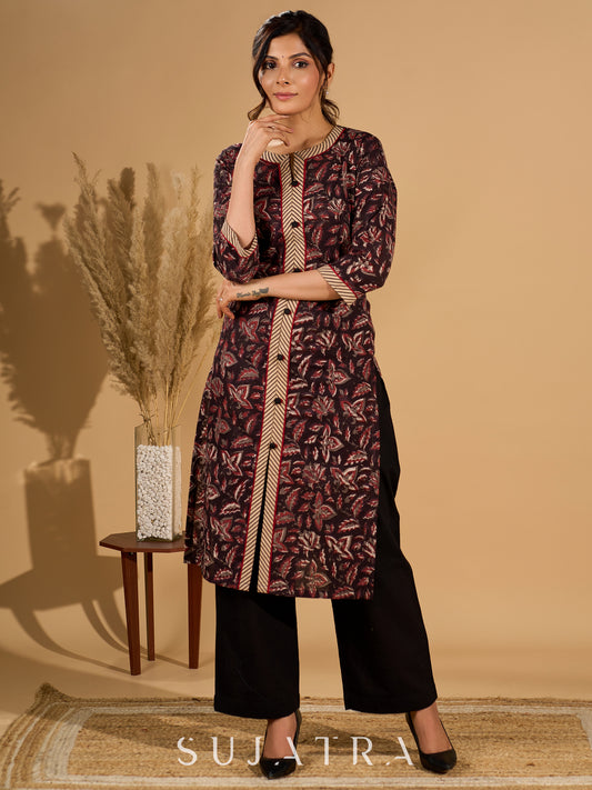 Noir Flora Mul Cotton Kurta with Contrasting Ajrakh Details