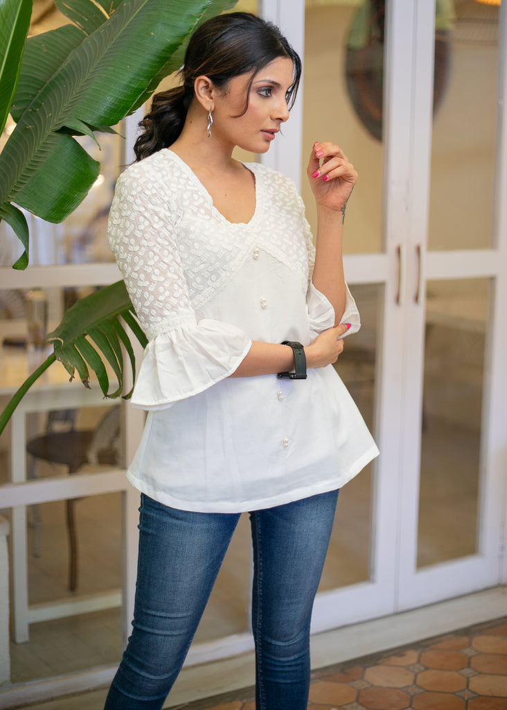 Beautiful White Cotton Top with Embroidered Yoke Highlighted with Lace and Moti Buttons