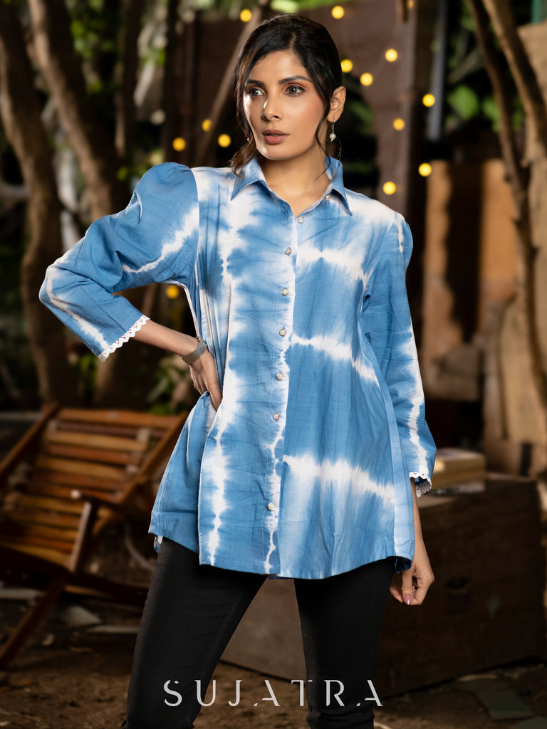 Hand Tie-Dyed Cotton Shibori Shirt in Blue with Statement Puffy Sleeves