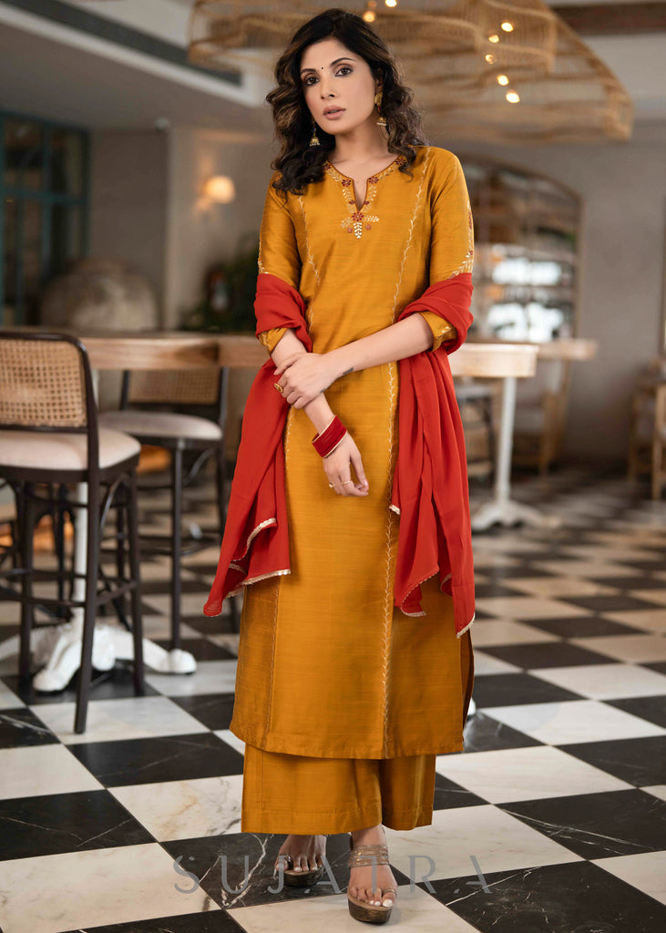 Elegant Mustard Cotton Silk Pant & Kurta With Gold Rust Embroidered Detailing - Dupatta Optional