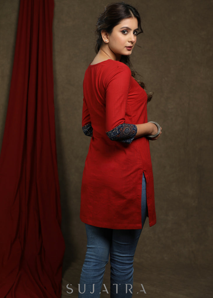 Elegant maroon cotton tunic with ajrakh combination highlighted with beautiful pearls