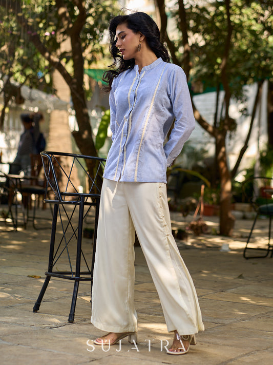 Light Blue Cotton Striped Shirt with Soft Lace Touches