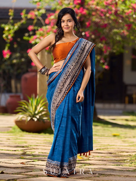 Classy Blue Saree with Kalamari Border & Contrasting Rust Accents