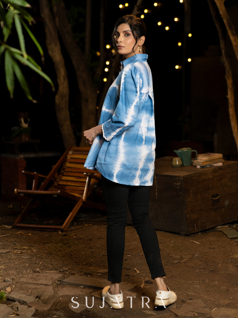 Hand Tie-Dyed Cotton Shibori Shirt in Blue with Statement Puffy Sleeves