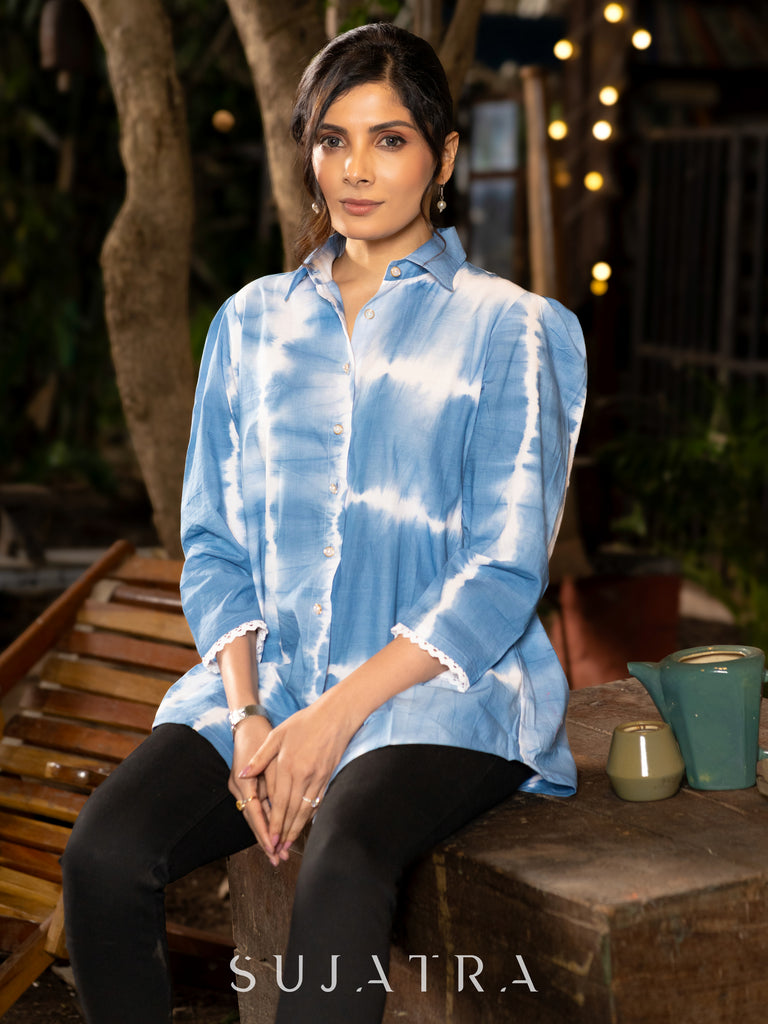 Hand Tie-Dyed Cotton Shibori Shirt in Blue with Statement Puffy Sleeves