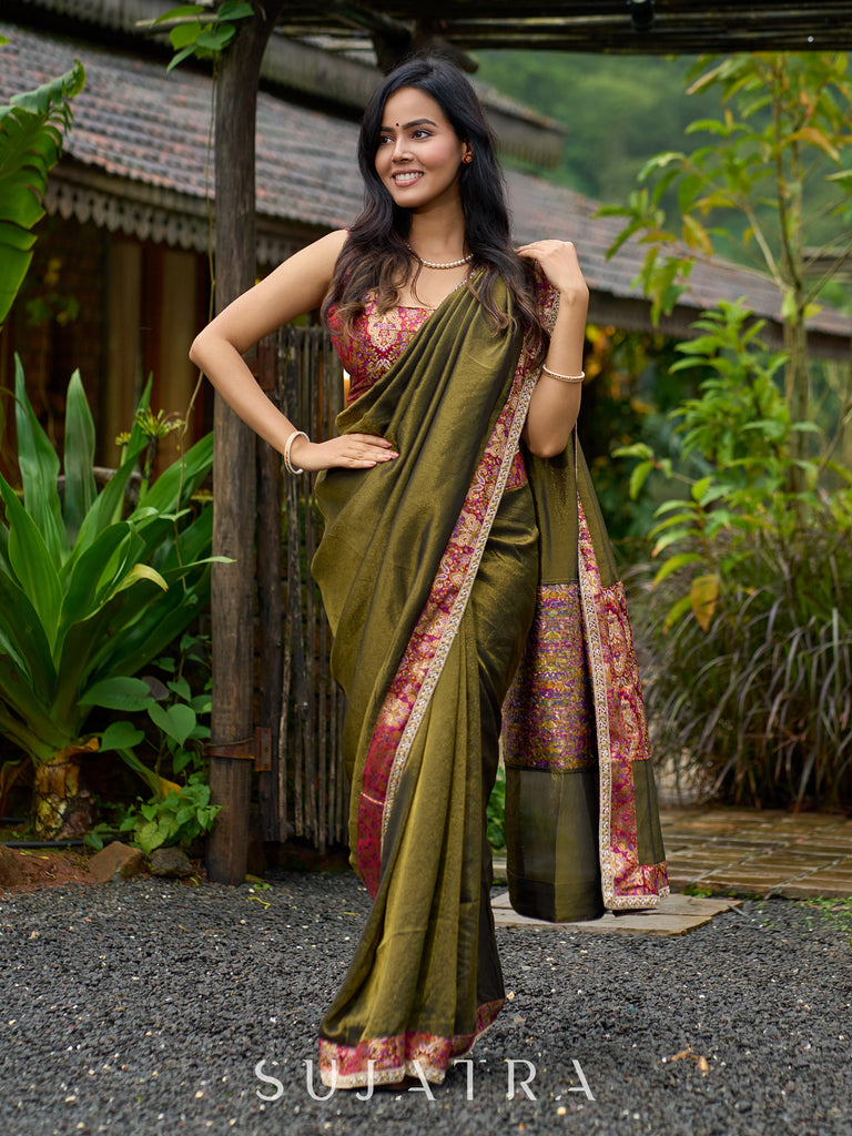 Regal olive tissue saree enhanced by intricate Banarasi brocade border
