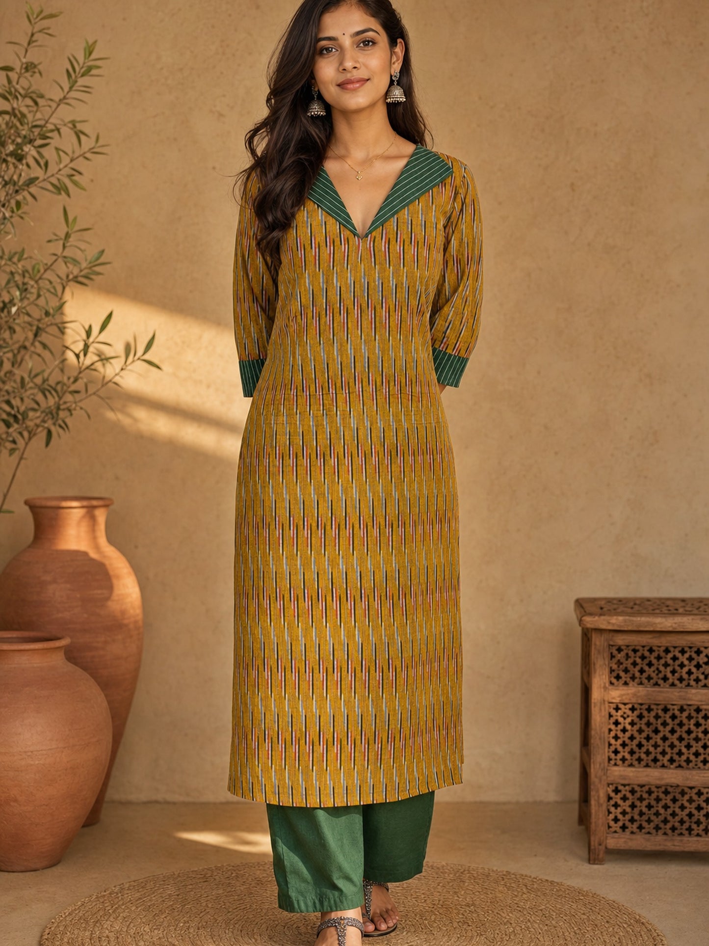 Chic Bottle Green Cotton Silk Straight Pant