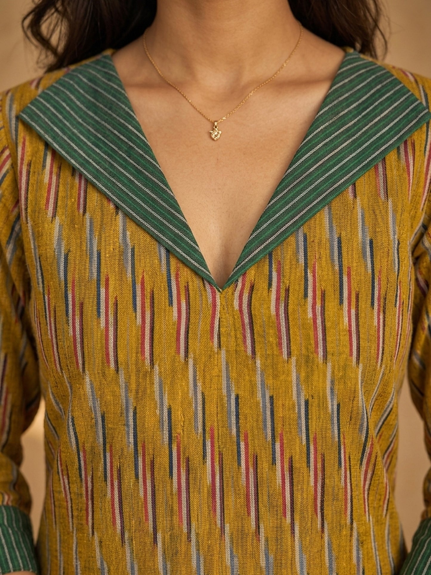 Classic Mustard Ikat Cotton Kurta with Contrasting Collar & Cuff