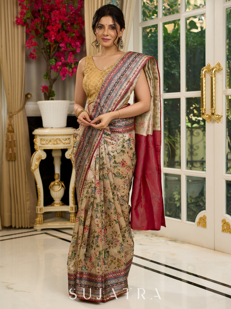 Graceful floral printed saree with intricate border, ideal for weddings and celebrations