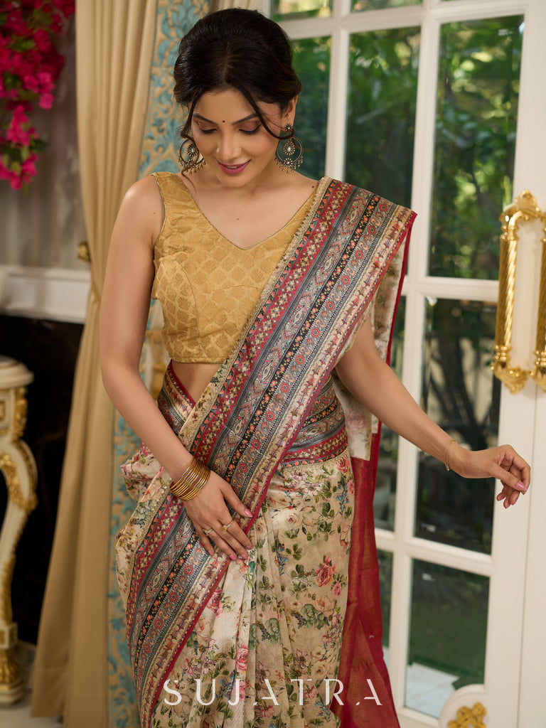 Graceful floral printed saree with intricate border, ideal for weddings and celebrations
