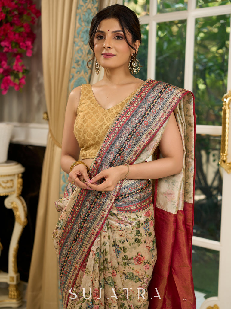 Graceful floral printed saree with intricate border, ideal for weddings and celebrations