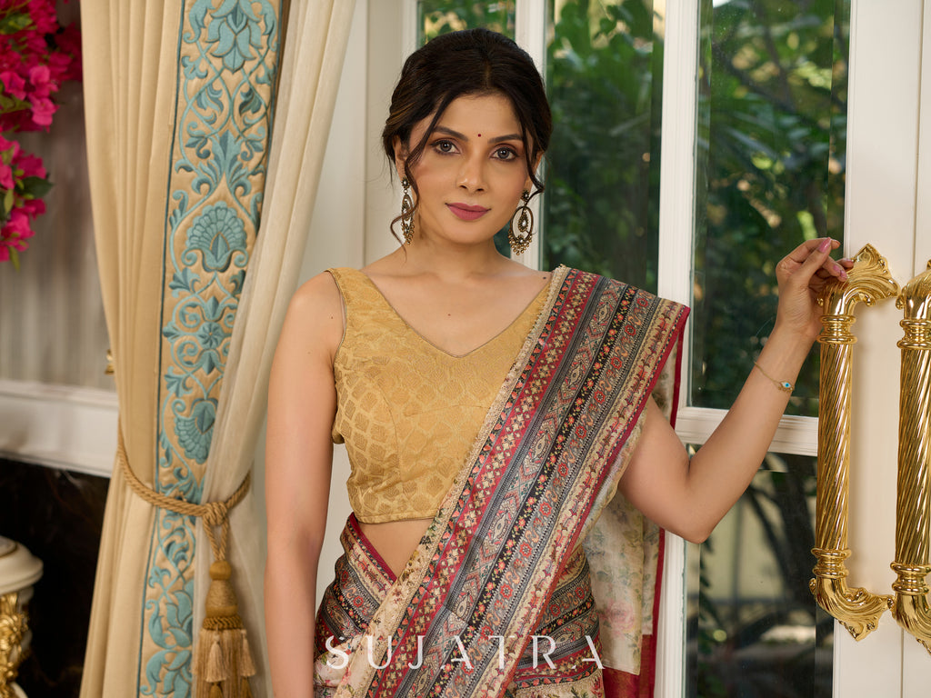 Graceful floral printed saree with intricate border, ideal for weddings and celebrations