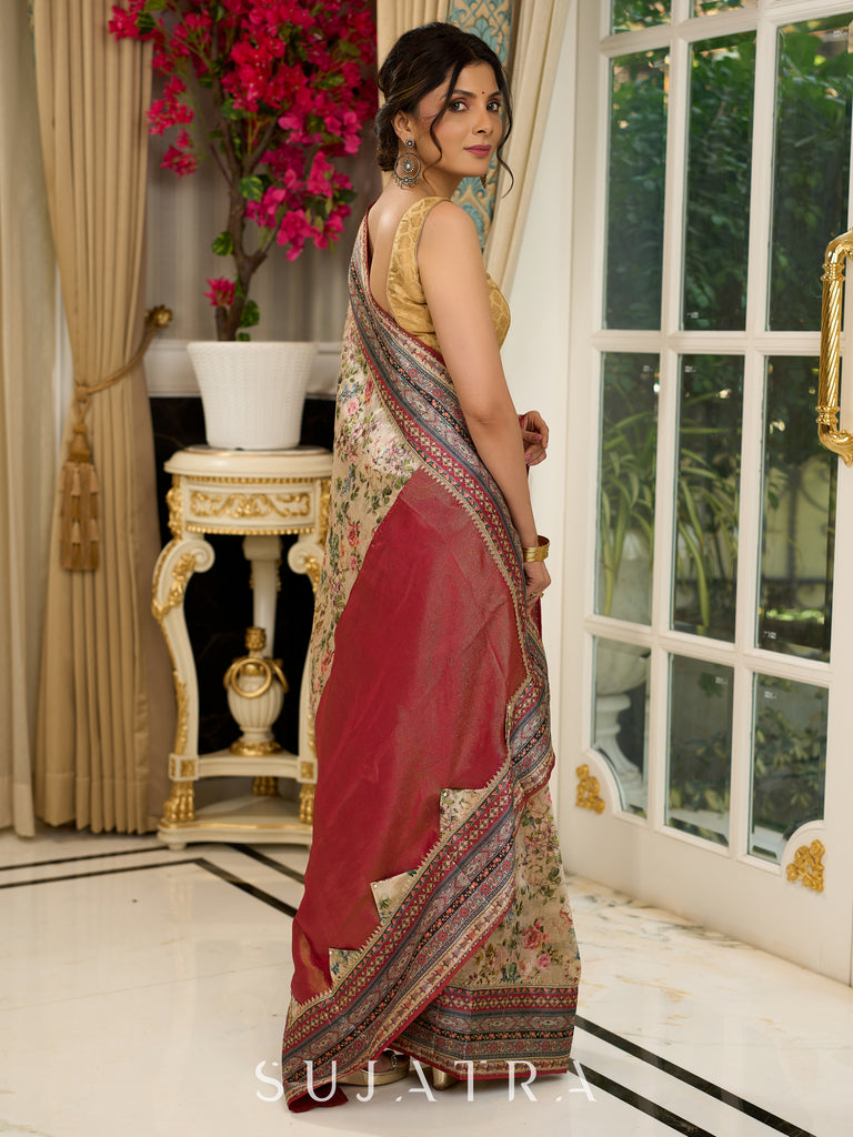 Graceful floral printed saree with intricate border, ideal for weddings and celebrations