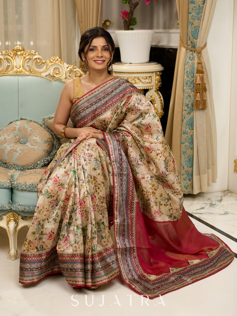 Graceful floral printed saree with intricate border, ideal for weddings and celebrations