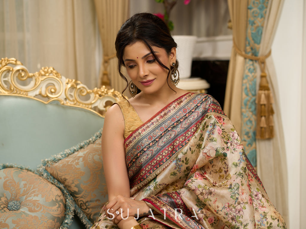 Graceful floral printed saree with intricate border, ideal for weddings and celebrations